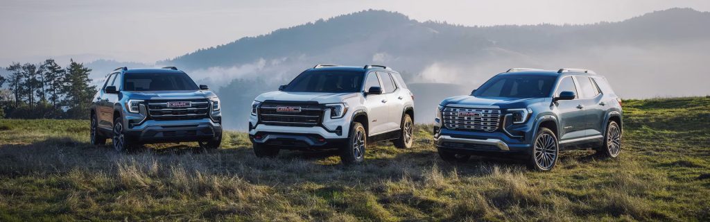 2026 GMC Terrain lineup parked on a grassy hill with mountains in the background